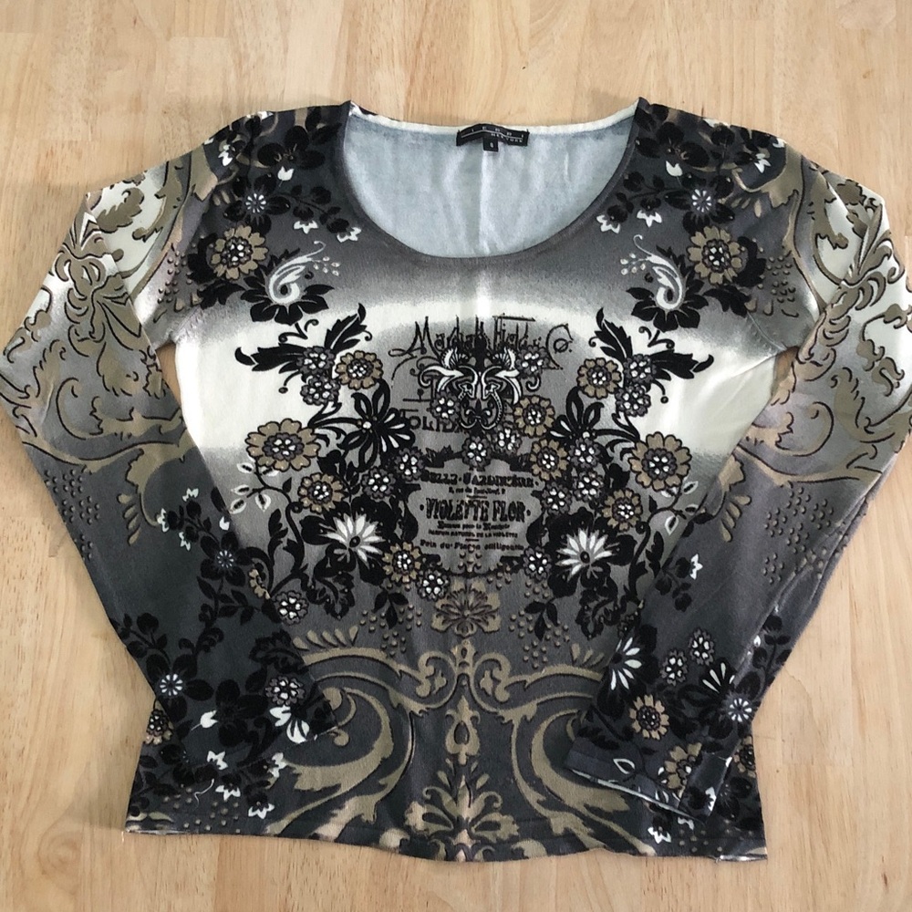 Pierri New York Floral Long Sleeve Top - Black, Gray, Cream